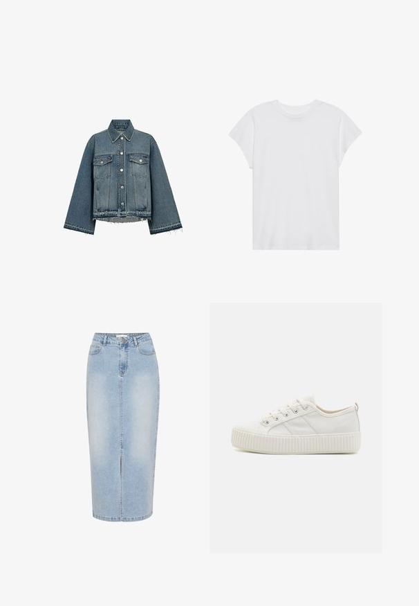Denimjakke i lyseblå farve, med krave, lange ærmer, knaplukning, to brystlommer og frynsekanter.; Hvid kortærmet t-shirt med rund hals, afslappet pasform, lavet af blødt bomuldsstof. Glat tekstur, ingen mønstre eller logoer.; Lysblå denim midi-nederdel med lige snit, frontslids og synlige sømme. Har en knaplukning og bæltestropper.; Hvide lærreds sneakers med en struktureret gummisål, rund tå og snørebåndsdesign, der har tre sidelinjer.