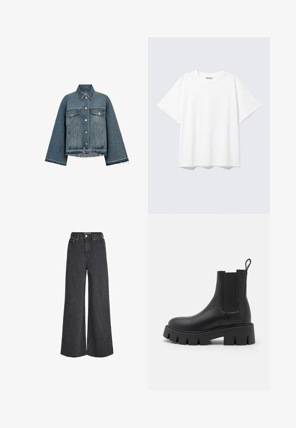 Spijkerjasje, lichtblauwe kleur, met een kraag, lange mouwen, knoopsluitingen, twee borstzakken en een rafelige zoom.; Witte T-shirt met korte mouwen en een ronde hals, met een relaxte pasvorm en een "WEEKDAY" label aan de binnenkant achter bij de hals.; Zwarte high-waist jeans met wijde pijpen, sluiting aan de voorkant met knopen en rits, voorzakken en rafelige zoom.; Zwarte leren enkelboot met elastische zijkanten, chunky gestructureerde zool en een lus aan de achterkant voor gemakkelijk aan- en uittrekken.