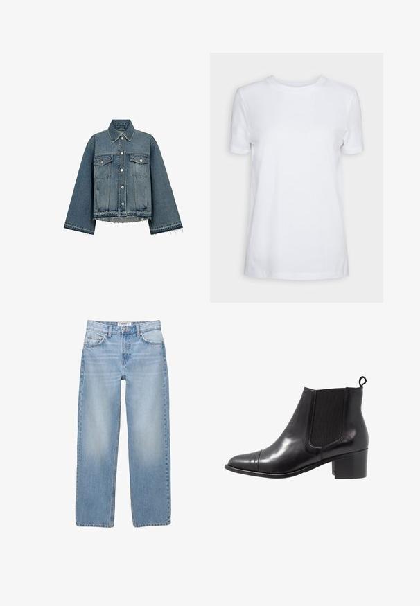 Veste en denim de couleur bleu clair, dotée d'un col, de manches longues, de fermetures à boutons, de deux poches poitrine et d'un détail d'ourlet effiloché.; T-shirt blanc uni à manches courtes, col rond, coupe régulière, avec une petite étiquette à l’intérieur du col indiquant "SELECTED FEMME."; Jean en denim bleu clair avec une coupe droite, style cinq poches et des détails de couture visibles. Le tissu a une texture douce et légèrement décolorée.; Botte de cheville en cuir noir avec des panneaux élastiques sur les côtés, bout rond et talon en bloc texturé. Dispose d'une languette en boucle à l'arrière pour un enfilage facile.