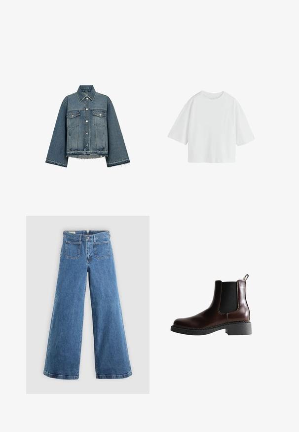 Spijkerjasje, lichtblauwe kleur, met een kraag, lange mouwen, knoopsluitingen, twee borstzakken en een rafelige zoom.; Effen witte oversized T-shirt met korte mouwen, een ronde hals en een losse pasvorm.; Blauwe hoge taille wijde benen jeans met voorzakken, riemlussen, knoopsluiting en ritssluiting op een effen achtergrond.; Bruine leren enkelboot met elastische zijpanelen, ronde neus en een gestructureerde zwarte rubberen zool. Heeft contrasterende stiksels en een lusje aan de achterkant.
