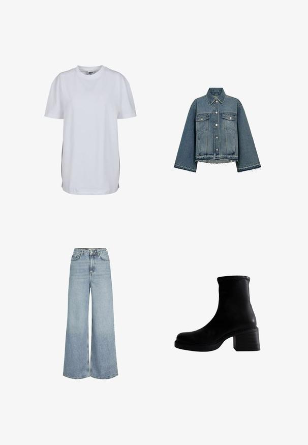 Veste en denim de couleur bleu clair, dotée d'un col, de manches longues, de fermetures à boutons, de deux poches poitrine et d'un détail d'ourlet effiloché.; T-shirt blanc uni à manches courtes avec col rond, ourlet droit et petite étiquette de marque visible à l'intérieur du col.; Jean taille haute à jambes larges en denim bleu clair. Doté d'un design classique à cinq poches avec des coutures ton sur ton et une fermeture à bouton.; Bottine noire en cuir lisse, dotée d'un talon épais, d'un bout arrondi, de coutures sur le revers et d'une semelle texturée.