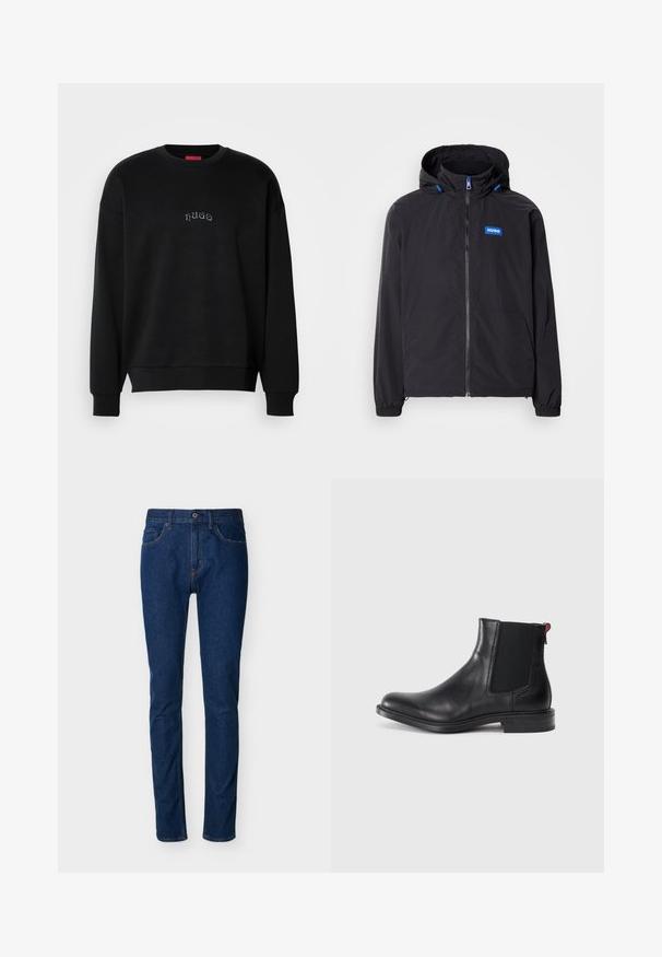 Schwarze leichte Jacke mit Kapuze, Frontreißverschluss, zwei Taschen und blauem Logo. Verfügt über elastische Bündchen und Kordelzugsdetails an der Kapuze.; Schwarzes Langarmcrewneck-Sweatshirt mit kleinem, zentriertem "hugo"-Text in Hellblau auf der Brust, mit gerippten Bündchen und Saum.; Dunkelblaue Denim-Jeans mit schmaler Passform, Fünf-Taschen-Design, sichtbaren Nahtdetails und Knopfverschluss an der Taille. Glatte Textur.; Schwarze Leder-Chelsea-Stiefel mit elastischen Seitenteilen, runder Zehenform und niedrigem gestapeltem Absatz. Mit rotem Zugband und dezenten Branding an der Seite.