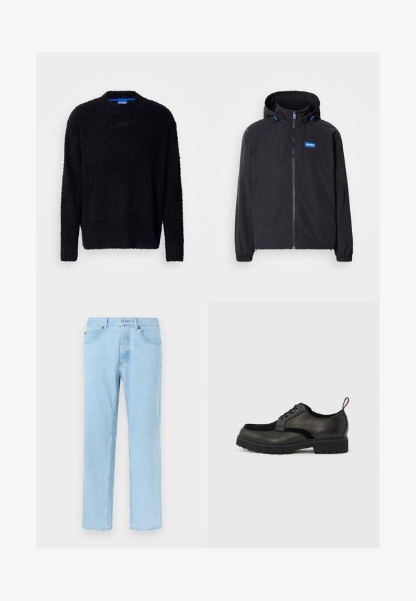 Sort letvægtsjakke med hætte, frontlynlås, to lommer og blåt logo. Har elastiske manchetter og snoredetaljer på hætten.; Sort sweater lavet af tekstureret strikket stof, med rund halsudskæring, lange ærmer og ribbestrikkede manchetter og kant. Subtil branding på brystet.; Lyseblå denimjeans med lige ben, forsideknapper og lynlåslukning, forlommer og bæltestropper, vist på ensfarvet baggrund.; Sort læder snøresko med tyk slidbanesål og rød hælestropp, vist i sideprofil på en lysegrå baggrund.