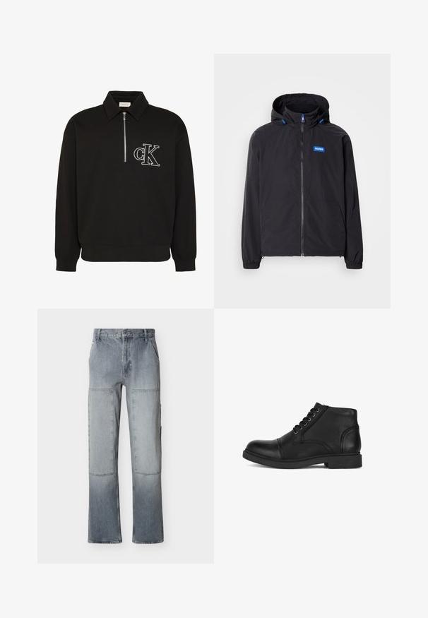 Must kerge jope kapuutsiga, ees tõmblukk, kaks taskut ja sinine logo. Omab elastseid varrukaotsi ja kapuutsi paelajooni detaile.; Must pikkade varrukatega pullover kraega, ees poolik tõmblukk ja valge brodeeritud "cK" logo vasakul rinnal.; Kõrge vöökohaga hallid teksapüksid suurte ristkülikukujuliste põlvepatjadega ja laia säärega, esikülje taskute ja nööpidega kinnitusega.; Mustast nahast pahkluu saapad ümarate ninaosade, pitskinnituse, tekstureeritud pinnaga ja madala plokkkontsaga. Peened õmblused.