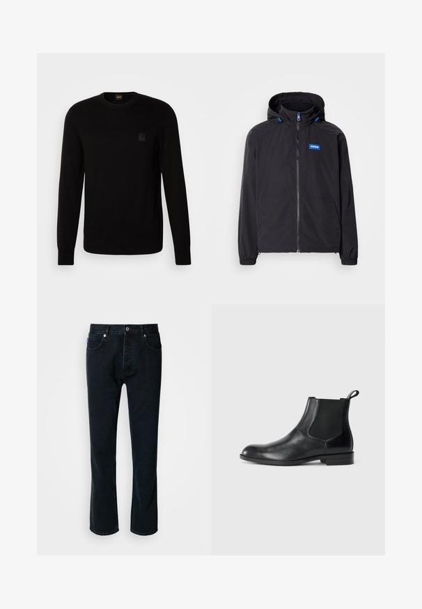 Schwarze leichte Jacke mit Kapuze, Frontreißverschluss, zwei Taschen und blauem Logo. Verfügt über elastische Bündchen und Kordelzugsdetails an der Kapuze.; Schwarzer Strickpullover mit langen Ärmeln, Rundhalskragen und einem kleinen strukturierten Logo-Patch auf der Brust. Glatte Textur über die gesamte Fläche.; HUGO JONAH - Jeans Straight Leg - dark blue; Schwarze Leder-Stiefelette mit elastischen Seiteneinsätzen, abgerundeter Zehenpartie und einem Zugschlauf. Glatte Textur, flache Sohle, minimalistisches Design.