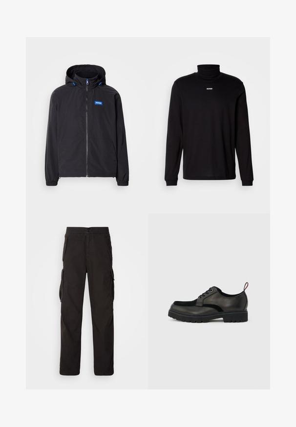 Veste légère noire avec capuche, fermeture éclair à l'avant, deux poches et logo bleu. Comprend des poignets élastiques et des cordons de serrage sur la capuche.; T-shirt à col roulé noir à manches longues en tissu lisse, avec un logo "HUGO" blanc sur la poitrine, doté de poignets et d'un ourlet ajustés.; Pantalons cargo noirs avec une coupe droite, une taille élastique, plusieurs poches latérales et un tissu texturé pour plus de durabilité.; Chaussure noire en cuir à lacets avec semelle épaisse crantée et languette rouge à l'arrière, vue de profil sur un fond gris clair.