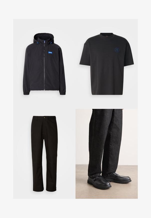 Chaqueta negra ligera con capucha, cremallera frontal, dos bolsillos y logotipo azul. Cuenta con puños elásticos y detalles de cordón ajustable en la capucha.; Camiseta negra de algodón con cuello redondo, manga corta y logo bordado tonal en el pecho izquierdo. Textura suave, ajuste casual.; Pantalones de algodón negros con corte recto, presillas para el cinturón, cremallera frontal y un solo botón de cierre. Textura suave sin patrones visibles.; Zapatos de cuero negro con acabado texturizado, que cuentan con un diseño de costura elevada y suela de goma resistente, combinados con pantalones de mezclilla oscuros.