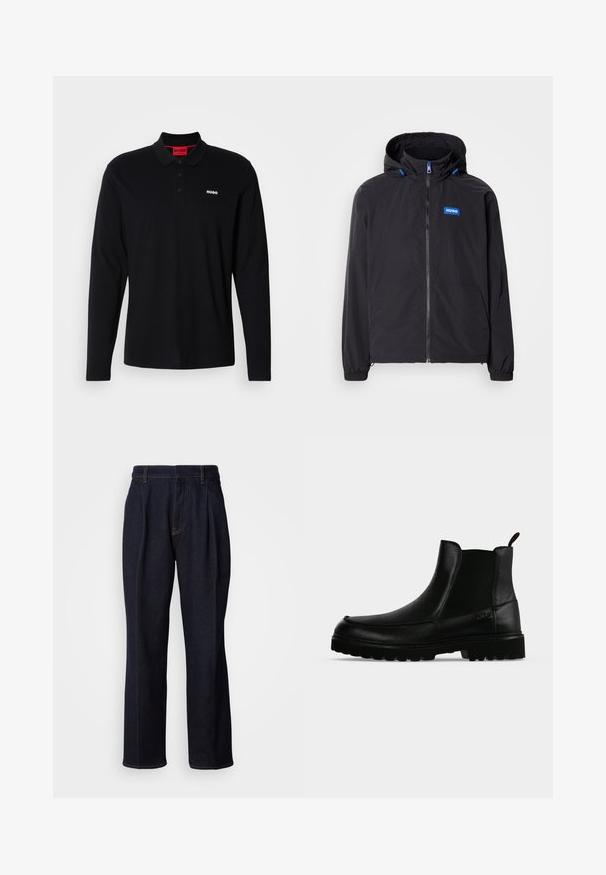Zwarte lichtgewicht jas met capuchon, ritssluiting aan de voorkant, twee zakken en een blauw logo. Heeft elastische boorden en trekkoorden aan de capuchon.; Zwarte lange mouwen polo shirt van katoen, met een rode kraag en een drieknoopsluiting, voorzien van een wit "HUGO" logo op de borst.; Donkerblauwe denim jeans met wijde pijpen, inclusief voorplooien en oranje stiksels, weergegeven op een witte achtergrond.; Zwarte leren enkellaars met een gestructureerde zool, elastische zijpanelen en een trekriempje op een lichtgrijze achtergrond.