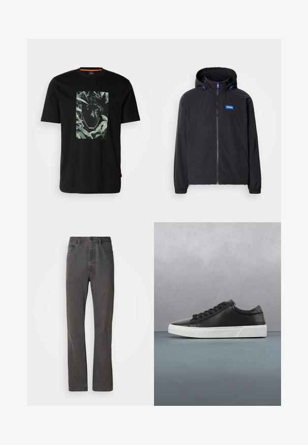 Schwarze leichte Jacke mit Kapuze, Frontreißverschluss, zwei Taschen und blauem Logo. Verfügt über elastische Bündchen und Kordelzugsdetails an der Kapuze.; Schwarzes Baumwoll-T-Shirt mit einem zentralen Motiv eines Panthers, umgeben von Blättern, mit einem Kettenkragen und dem Text "BOSS". Kurze Ärmel.; Graue Denim-Jeans im geraden Schnitt, mit frontalen Taschen, einem Knopfverschluss und subtiler Textur.; Schwarze Leder-Sneaker mit runder Zehenpartie, strukturiertem Obermaterial, weißer Gummisohle und schwarzen Schnürsenkeln. Minimalistisches Design mit schlankem Profil.