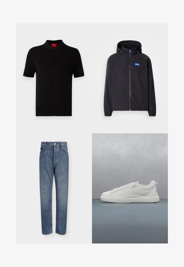 Chaqueta negra ligera con capucha, cremallera frontal, dos bolsillos y logotipo azul. Cuenta con puños elásticos y detalles de cordón ajustable en la capucha.; Camisa polo negra hecha de algodón suave. Presenta un cuello clásico, mangas cortas y una etiqueta roja en el escote. Sin patrones ni adornos.; Vaqueros de mezclilla azul de corte recto con cintura alta, cierre frontal de botones y diseño de cinco bolsillos sobre un fondo claro y liso.; Zapatilla blanca con un acabado de cuero liso, punta redonda, cuatro ojales, perforaciones sutiles y un detalle de logo rojo en el lateral.