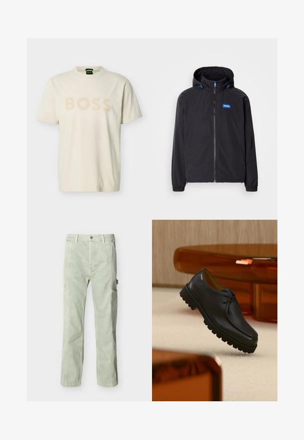 Veste légère noire avec capuche, fermeture éclair à l'avant, deux poches et logo bleu. Comprend des poignets élastiques et des cordons de serrage sur la capuche.; T-shirt en coton à manches courtes de couleur crème avec le logo texte "BOSS" en beige clair sur la poitrine et un col rond.; Pantalon cargo vert clair au tissu doux, avec poches latérales et coupe décontractée. Fermeture par boutons et passants pour ceinture à la taille.; Chaussure à lacets en cuir noir texturé avec une semelle épaisse à rainures, marquée "HUGO" près du talon, présentée sur un tapis beige et un mobilier ambre.