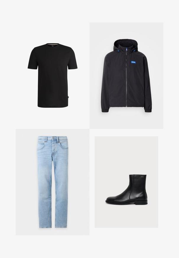 Sort letvægtsjakke med hætte, frontlynlås, to lommer og blåt logo. Har elastiske manchetter og snoredetaljer på hætten.; Sort kortærmet t-shirt lavet af glat bomuld med rund halsudskæring. Har et diskret mærke på venstre side nær kanten.; Lyseblå straight-leg jeans med forlommer, bæltestropper og knaplukning på hvid baggrund.; Sort glat læderankelstøvle med lav hæl og sidelukning med lynlås, mærket Hugo nær den øverste kant.