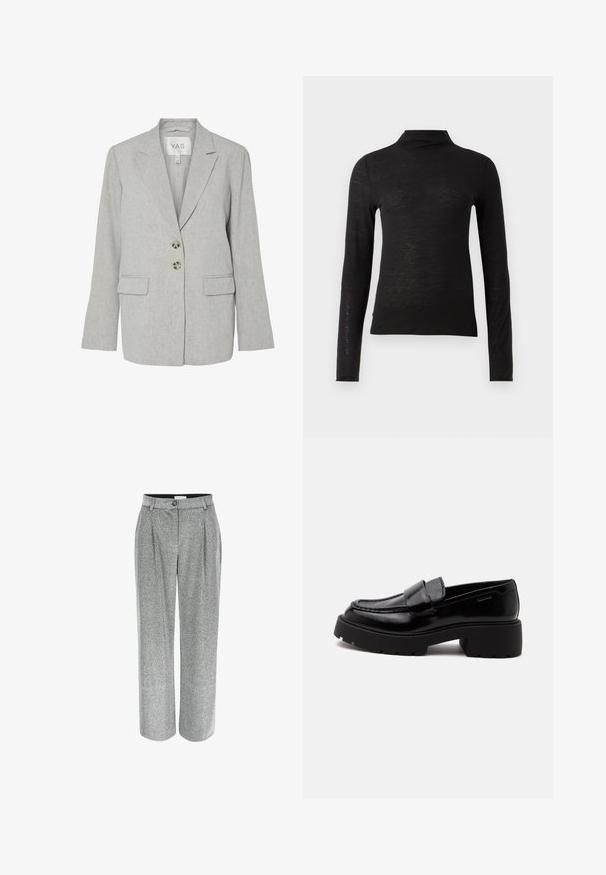 Hellgrauer Leinenblazer mit Reverskragen, zwei Knöpfen vorne, Pattentaschen und taillierter Passform.; Schwarzes langärmliges Turtleneck-Oberteil aus einem strukturierten Material, mit schlankem Schnitt und minimalistischer Gestaltung ohne sichtbare Muster oder Hardware.; Grau, weite Hosen mit strukturierter Oberfläche, die über vordere Falten und einen einzelnen Knopfverschluss an der Taille verfügen.; Schwarzer glänzender Lederloafer mit grober Sohle und niedrigem Blockabsatz, seitlicher Naht und einem breiten Riemen oben.
