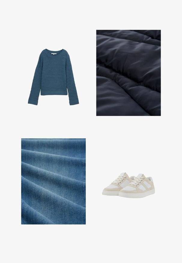 Dunkelblauer, isolierter Stoff mit glatter Textur, der gesteppten Abschnitte und dezente lineare Muster für zusätzliche Details aufweist.; Blauer Strickpullover mit Rundhalsausschnitt, strukturiertem Muster, langen Ärmeln und geripptem Saum. Lässiges Design, weiches Material, leicht.; Denimstoff mit glatter Textur; mittelblaue Farbe mit subtilen Variationen. Besitzt ein diagonales Webmuster und einen leichten Glanz durch die Verarbeitung des Stoffes.; Beige und weiße Sneaker mit strukturiertem Obermaterial, Schnürverschluss und gepolstertem Kragen. Mit drei weißen Streifen an der Seite und einer Gummisohle.