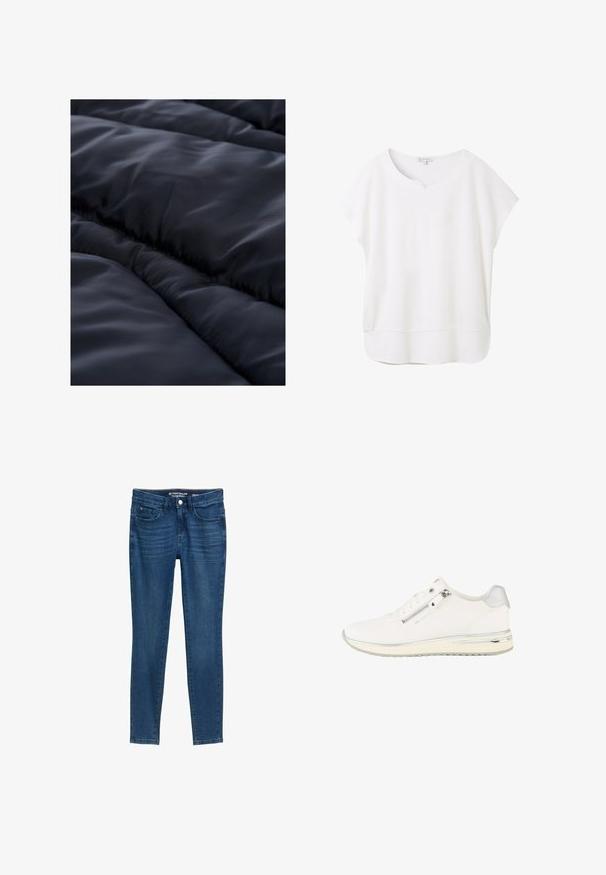 Tela aislante azul marino con una textura suave, con secciones acolchadas y patrones lineales sutiles para un detalle adicional.; Blusa blanca de manga corta hecha de una tela suave. Presenta un escote redondeado con una pequeña hendidura y un dobladillo ligeramente curvado para un ajuste relajado.; Jeans de denim en azul oscuro con corte slim. Presenta un diseño clásico de cinco bolsillos, cierre de botón y detalles de costura. Textura suave.; Zapatilla blanca de corte bajo con cremallera lateral, cordones delanteros, tejido texturizado y detalle plateado en el talón y la suela.