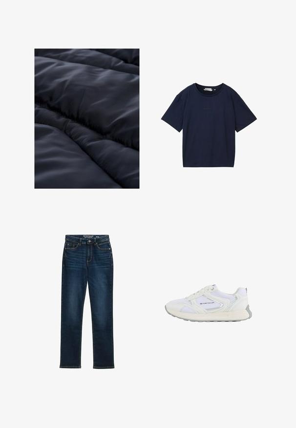 Marineblauwe geïsoleerde stof met een gladde textuur, voorzien van doorgestikte secties en subtiele lineaire patronen voor extra detail.; TOM TAILOR DENIM T-shirt basic - sky captain blue; Donkerblauwe rechte jeans van denim, met vijf zakken, een metalen knoopsluiting en contrasterende stiknaden. Geen zichtbare slijtage.; Witte sportschoen met een bovenwerk van mesh en synthetisch materiaal, voorzien van zilveren accenten en een gestructureerde rubberen zool, gelabeld "TOM TAILOR."