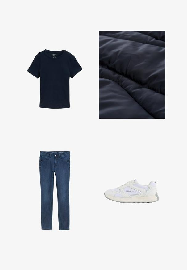 Marineblauwe geïsoleerde stof met een gladde textuur, voorzien van doorgestikte secties en subtiele lineaire patronen voor extra detail.; Marineblauwe T-shirt met korte mouwen van katoen, met een ronde halslijn en een eenvoudig, onopgesmukt ontwerp met een normale pasvorm.; Donkerblauwe denim jeans met een slim fit, vijf zakken en een standaard tailleband. Heeft subtiele stiksels en een enkele metalen knoop.; Witte sportschoen met een bovenwerk van mesh en synthetisch materiaal, voorzien van zilveren accenten en een gestructureerde rubberen zool, gelabeld "TOM TAILOR."
