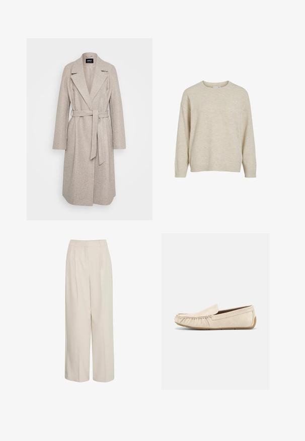 Lys beige lang uldfrakke til kvinder med brede revers og et stofbælte bundet om taljen på en hvid baggrund.; Beige langærmet striktrøje med rund hals, ribbede manchetter og kant, præsenteret på en hvid baggrund.; Højtaljede cremede bukser med brede ben og pressefolder, lavet af glat stof, med et rent design og skræddersyet pasform.; Beige tekstureret lædersko med elastisk indstik og mokkasinsyning samt gummisål, vist i profil mod hvid baggrund.