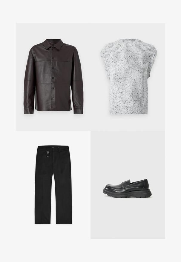 Chemise en cuir marron avec un devant à boutons, un col pointu, des manches longues et des panneaux sans coutures pour un design propre et structuré.; Gilet sans manches en tricot gris clair avec des tâches noires, doté d'un col rond côtelé et d'un ourlet côtelé.; Pantalons noirs en tissu tissé, avec un design à jambes droites, deux poches latérales, une fermeture éclair à l'avant et un détail de boucle à l'extérieur.; Chaussure noire en cuir à enfiler avec un design mocassin, embout arrondi, semelle en caoutchouc épaisse et subtil détail de couture sur la partie supérieure.