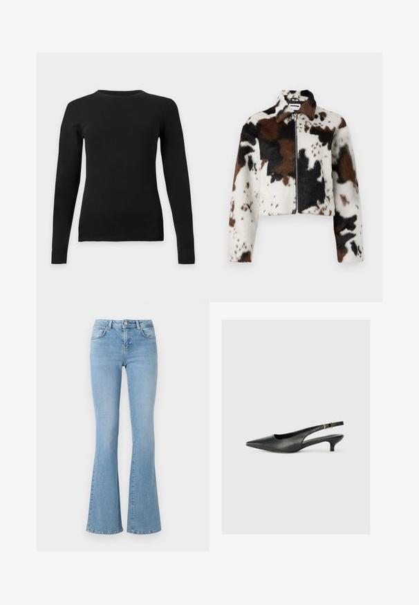 Chaqueta corta hecha de una tela suave con un estampado de vaca en blanco, marrón y negro, con cremallera frontal y cuello.; Camiseta negra ajustada de manga larga con cuello redondo y textura suave, mostrada extendida sobre un fondo gris claro.; Jeans de campana de color azul claro con una cintura alta, fabricados en denim. Cuentan con cinco bolsillos y un clasp de botón. Textura suave con un ligero desgastado.; Zapato de tacón slingback negro de punta afilada, hecho de cuero suave. Presenta un tacón delgado y un detalle de hebilla en la correa ajustable.