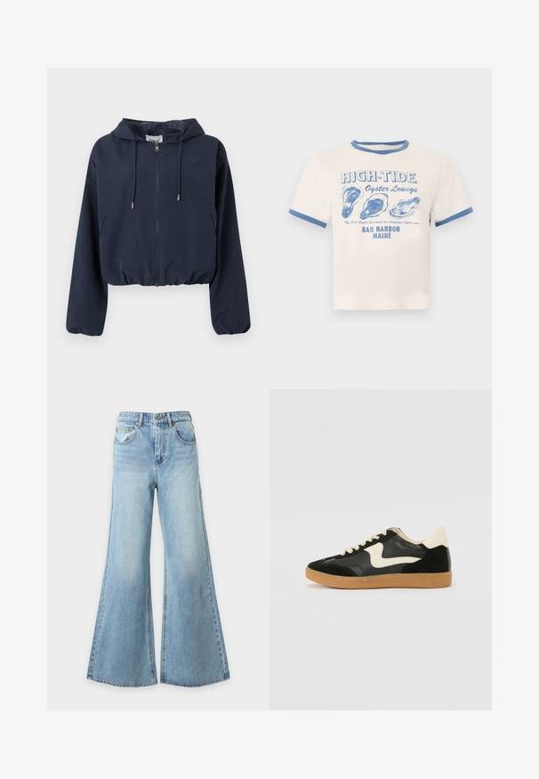 Veste courte à capuche bleu marine avec fermeture éclair frontale, capuche à cordon de serrage, poignets élastiques et poches latérales.; T-shirt crème avec bordure bleue présentant le texte « HIGH-TIDE Oyster Lounge » et trois illustrations de coquilles d'huîtres bleues, en référence à Bar Harbor, Maine.; Jean bleu clair à jambes larges en denim avec fermeture à bouton et fermeture éclair à l'avant, passants de ceinture et poches avant, présenté sur un fond uni.; Baskets en daim et cuir noir avec un swoosh latéral crème et un talon crème clair. Dotées de lacets beige et d'une semelle en caoutchouc gomme.