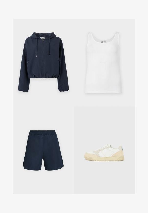 Veste courte à capuche bleu marine avec fermeture éclair frontale, capuche à cordon de serrage, poignets élastiques et poches latérales.; Débardeur blanc côtelé sans manches avec encolure dégagée en forme de U, présenté à plat sur un fond clair.; Shorts de sport bleu marine avec taille élastique et fentes latérales, présentés à plat sur un fond clair uni.; Baskets blanches et beiges avec dessus en suède et textile, présentant des coutures contrastées, une semelle en caoutchouc et un accent bleu clair sur le talon.