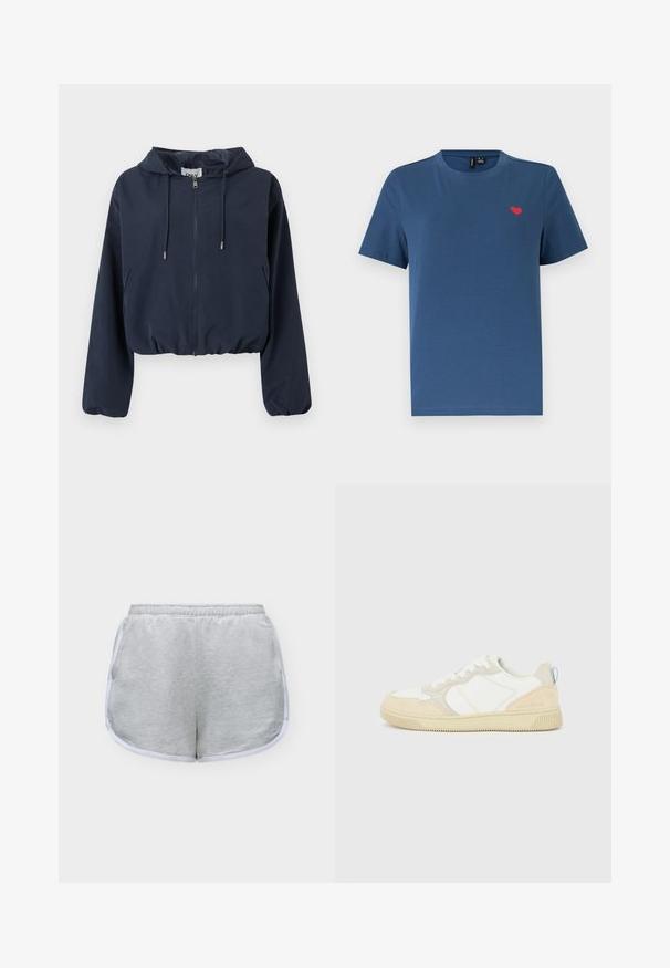 Veste courte à capuche bleu marine avec fermeture éclair frontale, capuche à cordon de serrage, poignets élastiques et poches latérales.; T-shirt bleu à manches courtes et col rond avec un petit emblème en forme de cœur rouge sur le côté gauche de la poitrine, sur un fond blanc uni.; Short de sport gris clair avec bordure blanche et taille élastique, posé à plat sur un fond blanc.; Baskets blanches et beiges avec dessus en suède et textile, présentant des coutures contrastées, une semelle en caoutchouc et un accent bleu clair sur le talon.