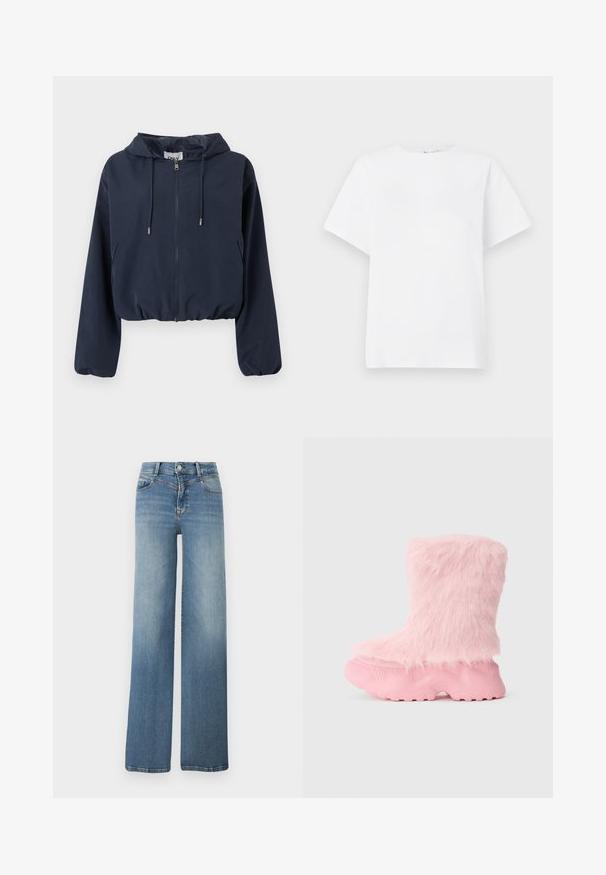 Veste courte à capuche bleu marine avec fermeture éclair frontale, capuche à cordon de serrage, poignets élastiques et poches latérales.; T-shirt blanc à manches courtes en coton. Doté d'un col rond, d'une coupe décontractée et d'une texture lisse sans motifs ni accents.; Jeans en denim bleu clair à jambes larges avec poches avant, fermeture par bouton, et texture délavée de la taille à l'ourlet.; Botte rose épaisse avec une semelle texturée et une douce fausse fourrure moelleuse recouvrant toute la partie supérieure.