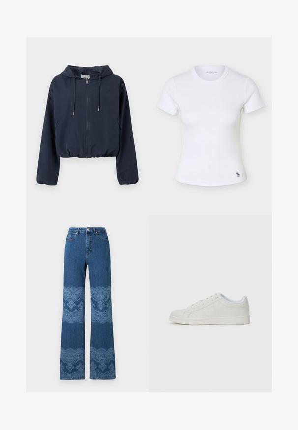 Chaqueta recortada con capucha en azul marino con cremallera frontal, capucha con cordón, puños elásticos y bolsillos laterales.; Camiseta blanca ajustada de manga corta con cuello redondo y pequeño logo oscuro de alce cerca del dobladillo inferior en el lado izquierdo.; Vaqueros azules de tiro alto y pierna recta con patrones florales y encaje en azul claro en los muslos y pantorrillas, con botones y bolsillos delanteros.; Zapatillas blancas con upper de cuero liso, punta redonda, suela plana y detalles sutiles en los paneles laterales. Diseño con cordones y un interior suave.