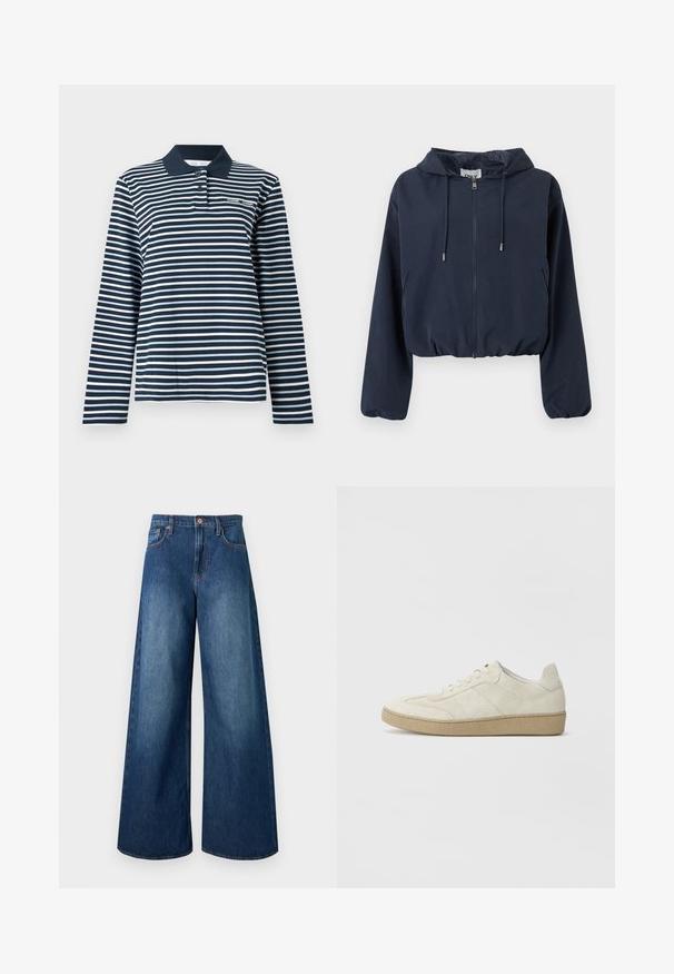Veste courte à capuche bleu marine avec fermeture éclair frontale, capuche à cordon de serrage, poignets élastiques et poches latérales.; Polo à manches longues à rayures bleu marine et blanches, en coton, avec un col boutonné et un petit logo sur la poitrine.; Jean en denim bleu foncé taille haute, jambes larges, cinq poches, passants pour ceinture et fermeture par bouton en cuivre.; Baskets en daim beige avec un design texturé, semelle en caoutchouc plate et couture latérale distincte. Bout arrondi et col rembourré.