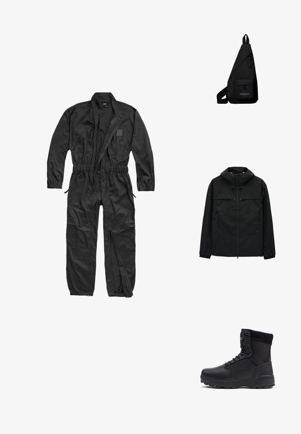 Schwarze Jacke mit hohem Kragen, Reißverschluss und verstellbaren Kordelzügen. Verfügt über zwei Vordertaschen und elastische Bündchen. Glatte Textur, leichtes Design.; Brandit BRANDIT HERREN EINSATZKOMBI - Jumpsuit - black; Schwarzer taktischer Stiefel mit einem glatten Lederoberteil und Stoffpaneelen, hoher Knöchelgestaltung, schnürbarem vorderen Teil und robustem Gummisohle.; Schwarze dreieckige Crossbody-Tasche mit vorderer Reißverschlusstasche mit Calvin Klein Logo und verstellbarem Riemen.