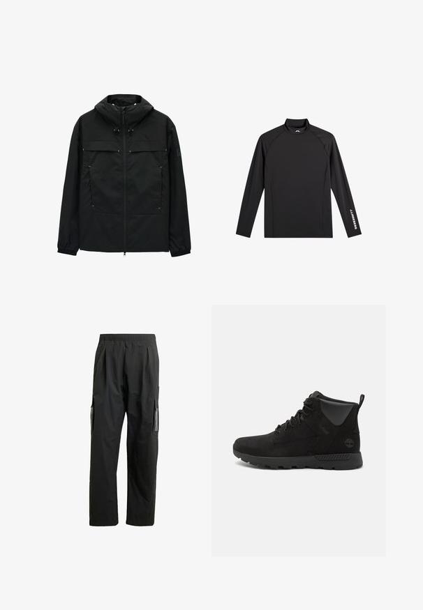 Veste noire avec un col montant, fermeture éclair et cordons ajustables. Elle possède deux poches avant et des poignets élastiques. Texture lisse et design léger.; Haut de sport noir à manches longues avec col montant, coupe ajustée, et logo blanc "J.Lindeberg" sur la manche gauche et le col.; Pantalons cargo noirs avec une taille élastique, des poches latérales et des accents réfléchissants. Fabriqués en matériau léger et résistant à l'eau.; Bottes montantes noires en suede et matériaux synthétiques, avec une surface texturée, un design à lacets et une semelle en caoutchouc antidérapante.