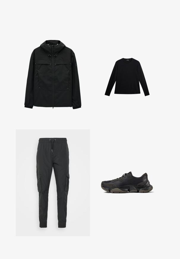 Zwarte jas met hoge kraag, ritssluiting en verstelbare toggles. Beschikt over twee voorzakken en elastische manchetten. Glad textuur, lichtgewicht ontwerp.; Zwart langslijks T-shirt van gladde stof, met een ronde hals en een subtiele logo op de voorkant, met een relaxte pasvorm.; Zwarte cargobroek van lichtgewicht stof, met een verstelbare trekkoord taille, elastische manchetten en twee zijzakken.; Zwarte sportieve sneaker met een gestructureerde zool, leren en suède bovenwerk, gevoerde kraag en vetersluiting, getoond in zijprofiel.