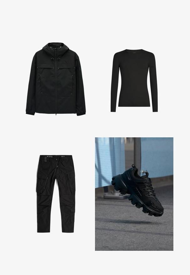 Zwarte jas met hoge kraag, ritssluiting en verstelbare toggles. Beschikt over twee voorzakken en elastische manchetten. Glad textuur, lichtgewicht ontwerp.; Zwart, aansluitend shirt met lange mouwen en ronde hals, met subtiel Icebreaker-logo op de linker mouw, weergegeven op een witte achtergrond.; G-STAR TOOLBOX - Cargobroek - dk black; Zwarte chunky sneaker met dikke profielzool die boven een grijze stoep zweeft, tegen een wazige lichtblauwe en grijze achtergrond.