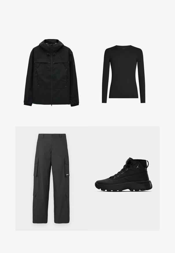 Zwarte jas met hoge kraag, ritssluiting en verstelbare toggles. Beschikt over twee voorzakken en elastische manchetten. Glad textuur, lichtgewicht ontwerp.; Zwart, aansluitend shirt met lange mouwen en ronde hals, met subtiel Icebreaker-logo op de linker mouw, weergegeven op een witte achtergrond.; Zwarte cargo broek met rechte pijpen, zijflapzakken, knoopsluiting, riemlussen en een klein wit logo op de flap van de rechterzak.; Zwarte hoge sport sneakers met een gestructureerde synthetische bovenkant, voorzien van metalen oogjes, zwarte veters en een rubberen zool met patroon voor grip.