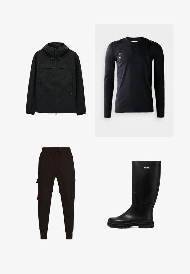Schwarze Jacke mit hohem Kragen, Reißverschluss und verstellbaren Kordelzügen. Verfügt über zwei Vordertaschen und elastische Bündchen. Glatte Textur, leichtes Design.; Schwarzes, langärmliges Sportshirt aus glattem, dehnbarem Stoff. Verfügt über glänzende schwarze Akzente an den Schultern und ein Adidas-Logo auf der Brust.; Schwarze Cargo-Hosen mit einem Kordelzugbund, seitlichen Taschen und strukturierten Akzenten an den Cargo-Taschen und Riemen. Enganliegende Bündchen an den Knöcheln.; Schwarzer Gummi-Regenstiefel mit glatter Textur, runder Zehenform und einem Logo-Patch. Verfügt über eine mittelhohe Schafthöhe und eine strukturierte Sohle für besseren Halt.