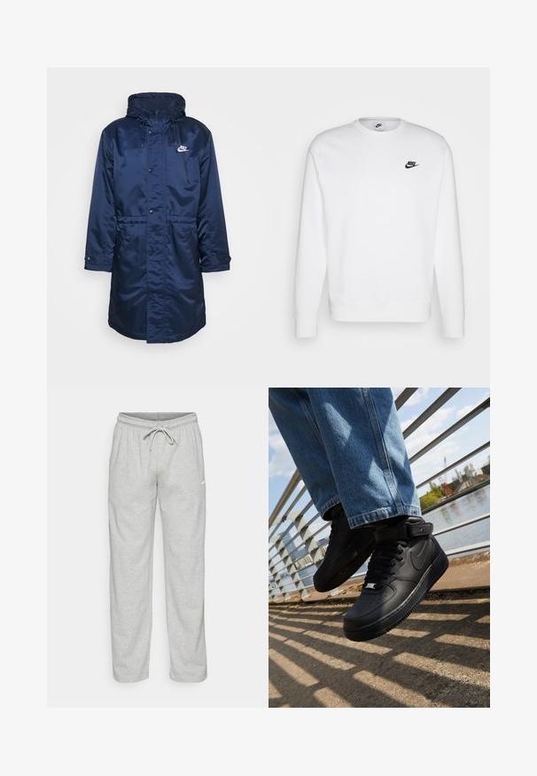 Marineblå vandtæt jakke med foret hætte, trykknapper, snoretræk i taljen og hvidt logo på venstre bryst. Lange ærmer.; Hvid sweatshirt lavet af bomuld med lange ærmer, rund halsudskæring og sort Nike-logo på venstre bryst. Blød tekstur med ribbede manchetter.; Lys grå sweatpants lavet af blødt stof. Har en elastisk talje med snøre og Nike-logo i sort på venstre lår.; Sorte Nike Air Force 1 sneakers med læderoverdel, mesh-tunge og gummisål, der har et høj-top design og tykke snørebånd.