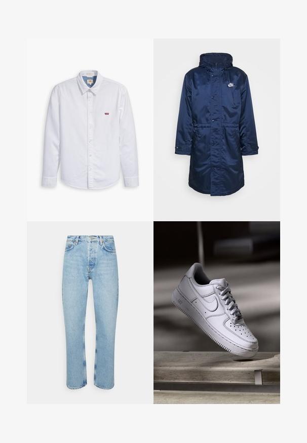 Chaqueta impermeable azul marino con capucha forrada, cierres a presión, cordón en la cintura y logo blanco en el lado izquierdo del pecho. Mangas largas.; Camisa de botón de manga larga blanca hecha de algodón. Presenta un cuello puntiagudo y un pequeño logo rojo de Levi's en el pecho izquierdo. Textura suave.; Jeans de mezclilla azul claro con corte recto, cintura alta, diseño de cinco bolsillos y detalles de costura visibles en las costuras y dobladillos.; Zapatilla Nike Air Force 1 de cuero blanco que presenta una puntera perforada, cordones planos y una suela de goma texturizada con la marca "AIR" en el lateral.