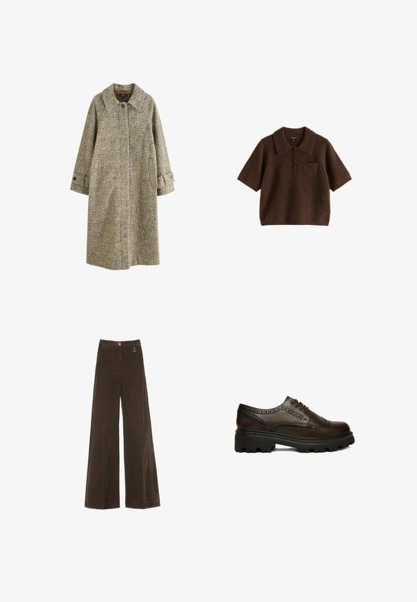 Brunternet frakke med krave, sidelommer og knaplukninger ved håndleddene. Fremstillet af tekstureret uldblandingsstof, der har et klassisk langt design.; Brun kortærmet, fuzzy strikket polo shirt med krave, fem knapper foran og en lille brystlomme.; Brune, vide corduroy bukser med høj talje, der har en gylden knap og en dekorativ ringdetalje. Textureret, blødt stof med lodrette striber.; Mørkebrun læder brogue sko med perforerede detaljer og tyk sort rillesål, set fra siden på hvid baggrund.