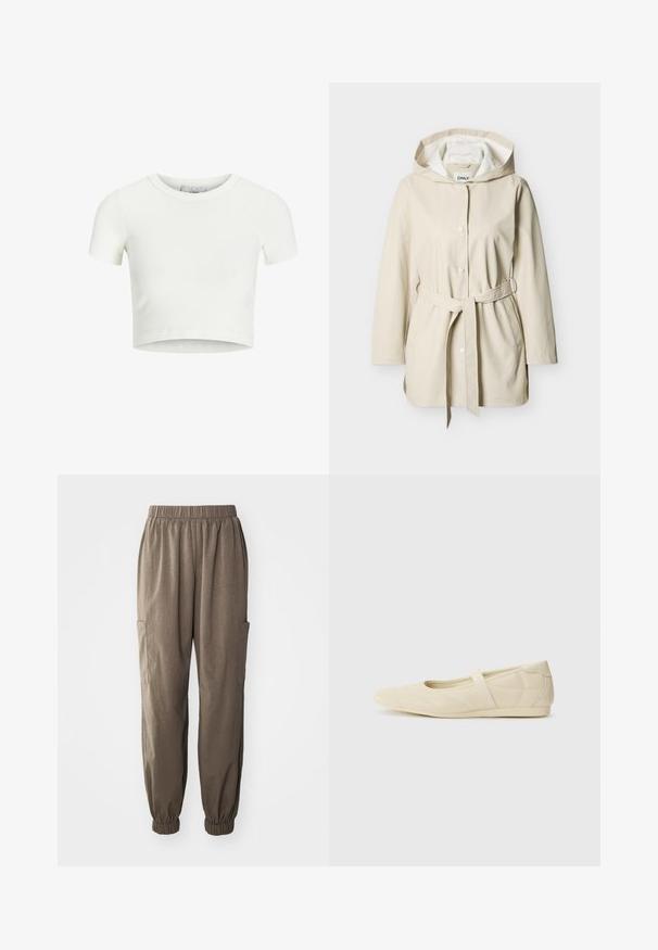 Beige huppullinen sadetakki, jossa pitkät hihat, etuosassa painonapit, kaksi sivutaskua ja vyö vyötäröllä.; Valkoinen, lyhythihainen t-paita, joka on valmistettu ribbitystä kankaasta. Ominaisuuksiin kuuluu pyöreä pääntie ja lyhyet hihat. Sileä pinta ja istuva malli.; Lösa cargo byxor i brunt tyg, med elastisk midja, rynkade mudd och sidofickor för funktionalitet.; Beige ballerinat kengät, joissa on sileä nahka-aines, mantelinmuotoinen kärki ja joustava nauha jalkapöydän ympärillä, sisältäen hillittyjä ompeluyksityiskohtia.