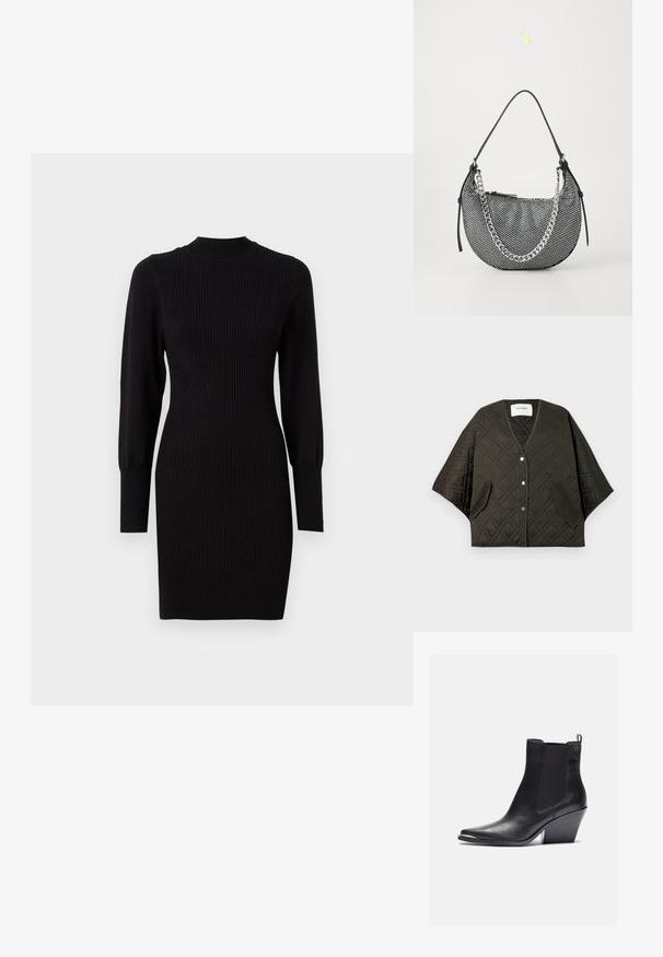 Schwarze gesteppte Cape-Jacke mit Druckknöpfen, Seitentaschen und V-Ausschnitt-Kragen, flach auf einem weißen Hintergrund präsentiert.; Schwarzes geripptes Strickkleid mit rundem Ausschnitt, langen Ärmeln und figurbetonter Form, das subtile vertikale Linien und schmal zulaufende Manschetten aufweist.; Schwarze Lederstiefeletten mit spitzem Zehenbereich, elastischen seitlichen Einsätzen und Blockabsatz. Die Oberfläche ist glatt und das Design ist elegant.; Schwarze Mesh-Handtasche in Halbmondform, mit einem silbernen Kettenriemen und schwarzen Lederakzenten. Texturierte Oberfläche mit einem Reißverschluss.