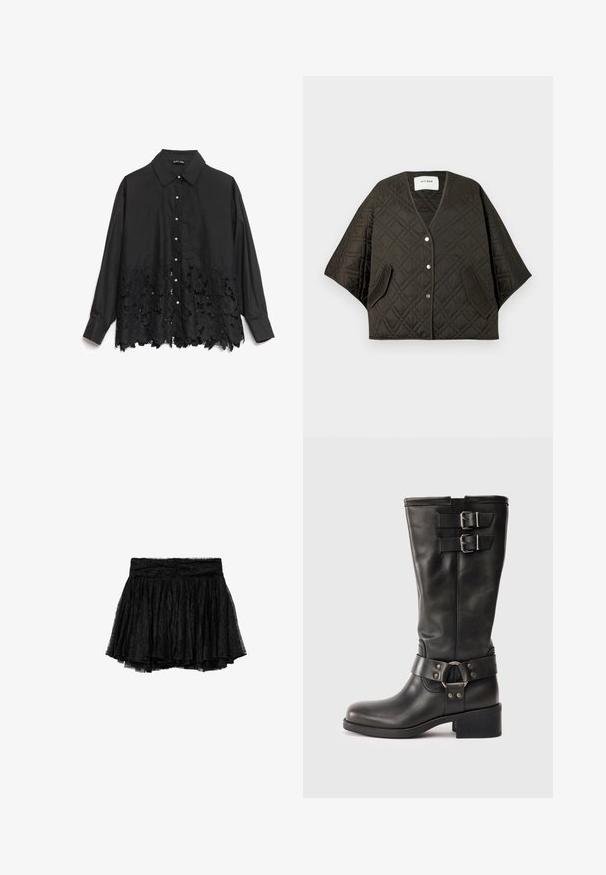 Capa acolchada negra con botones a presión, bolsillos laterales y cuello en V, exhibida de forma plana sobre un fondo blanco.; Camisa negra de botones con la parte superior lisa y un dobladillo de encaje con patrones florales. El cuello es estructurado, con botones de aspecto perlado en la parte delantera.; Falda de encaje negro con diseño plisado, que presenta una cinturilla ajustada y un forro de tul en capas para mayor volumen y textura.; Bota de cuero negra hasta la mitad de la pantorrilla con dos hebillas plateadas cerca de la parte superior y una correa decorativa con anillo de metal alrededor del tobillo, con tacón cuadrado.