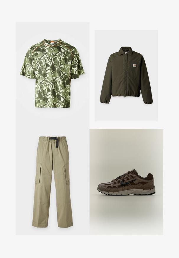 Olivovo zelená prešívaná bunda s golierom, dvoma prednými vreckami, elastickými manžetami a malou nášivkou s logom Carhartt na náprsnom vrecku.; Zelené tričko s krátkym rukávom, s textúrovaným vzorom listov, s oranžovým akcentom na golieri a voľným strihom. Vyrobené z priedušného materiálu.; Svetlozelené cargo nohavice s elastickým pásom a opaskom, majú dve bočné vrecká a hladkú textúru, navrhnuté pre pohodlie a funkčnosť.; Hnedé a béžové tenisky Nike P-6000 s čiernym vrchnákom, bočnými sieťovými panelmi a bielou polstrovanou podrážkou na neutrálnom pozadí.