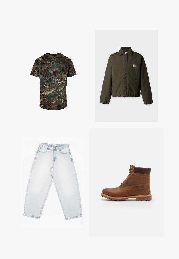 Chaqueta acolchada verde oliva con cuello, dos bolsillos frontales, puños elásticos y un pequeño parche con el logo de Carhartt en el bolsillo del pecho.; Camiseta de camuflaje hecha de algodón, con un estampado multicolor en verde, marrón y negro. Cuello redondo y mangas cortas.; Vaqueros de mezclilla lavada clara con cintura alta, piernas anchas y rectas, cierre de botones y cremallera, y bolsillos delanteros y traseros.; Botas de senderismo de cuero marrón con un acabado suave, tobillo acolchado, ojales de metal y suela de goma con un patrón de tracción robusto.