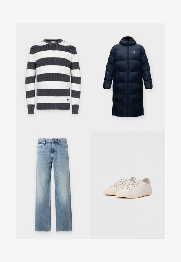 Long manteau d'hiver noir matelassé avec capuche, fermeture éclair avant, poches latérales et petit logo poitrine sur fond uni.; Pull rayé avec de larges bandes horizontales bleu marine et blanches ; texture côtelée ; col rond ; petit accent triangulaire à l'ourlet.; Jean droit en denim bleu clair avec taille haute, cinq poches, fermeture à boutons et léger délavage sur les cuisses et les genoux.; Baskets blanches en cuir lisse avec des coutures ton sur ton, fermeture à lacets, bout arrondi et semelle en caoutchouc texturée.