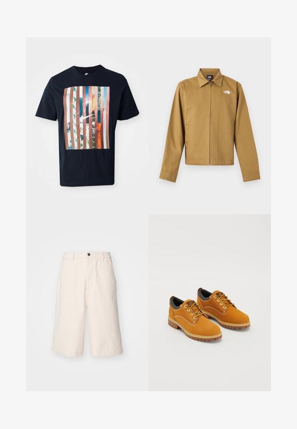 Chaqueta ligera para hombre de color marrón claro con cremallera, cuello, mangas largas, bolsillos laterales y el logo blanco de The North Face en el pecho.; Camiseta navy con un diseño gráfico que presenta rayas verticales en varios tonos, incorporando imágenes urbanas y un logo de Nike.; Pantalones cortos de algodón en color beige claro con un corte recto, que presentan un cierre de botón, bolsillos laterales y un dobladillo que cae justo por encima de la rodilla.; Zapatos de ante marrón con punta redonda, cordones amarillos, un collar acolchado negro y suelas de goma con surcos de tracción.