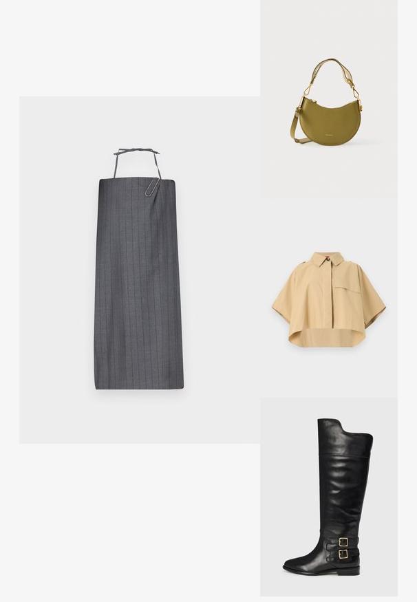 Beige lyhythihainen paita, jossa on terävä kaulus, yksittäinen rintatasku ja kaareva helma. Valmistettu kevyestä, sileäpintaisesta kankaasta.; Harmaa raidoitettu esiliina, jossa on suora leikkaus, kaulavyö ja koristeellinen paperiliitin yksityiskohta edessä. Tasainen kangastuntuma.; Mustat nahkaiset polviin ulottuvat saappaat, jotka on varustettu sileällä pinnalla, teräväkärkisellä muotoilulla ja kahdella solkikoristeella ulkopuolella. Tasapohjainen muotoilu.; Vihreä nahkainen olan yli kannettava laukku kaartuvalla muotoilulla, jossa on kullanvärinen lukko ja säädettävä olkahihna. Sileäpintainen, kohokuvioitu logoelementti.