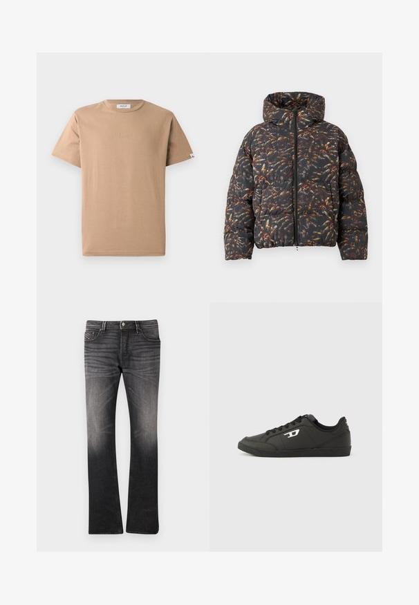 Daunenjacke mit Kapuze, schwarzer Stoff mit einem komplizierten Muster aus bunten Insekten, Reißverschluss und strukturiertem Steppdesign.; Beige Baumwoll-T-Shirt mit Rundhalsausschnitt, kurzen Ärmeln und einem dezenten, geprägten "REPLAY"-Logo auf der Vorderseite. Glenzige Textur, lockere Passform.; Schwarze Jeans aus Denim mit einem leicht verblassten Muster. Eng anliegendes Design, gerade Beinform, Fünf-Taschen-Stil und Knopfverschluss an der Taille.; Schwarze Sneakers aus synthetischem Material mit einer strukturierten schwarzen Sohle, rundem Zehenbereich und flachen schwarzen Schnürsenkeln. Auffälliges weißes Logo auf der Außenseite.