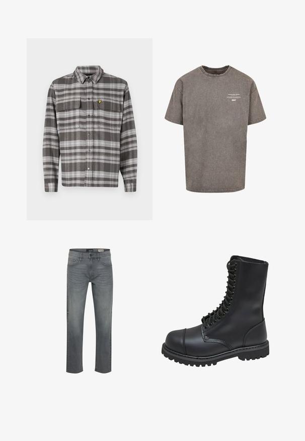 Γκρι καρό πουκάμισο με δύο τσέπες στο στήθος, κουμπιά μπροστά και κίτρινη λογότυπη λεπτομέρεια. Ο ύφασμα έχει υφή και κλασικό σχέδιο γιακά.; Γκρι oversized μπλουζάκι από βαμβάκι με στρογγυλή λαιμόκοψη, κοντά μανίκια, φθαρμένη υφή και λευκή εκτύπωση στο μπροστινό μέρος.; Γκρι τζιν παντελόνι από τζιν ύφασμα με ίσια γραμμή. Διαθέτει πέντε τσέπες, κούμπωμα με κουμπί και διακριτικές υφασματικές λεπτομέρειες. Μεσαίο ύψος μέσης.; Μαύρο δερμάτινο στρατιωτικό μποτάκι με ψηλό άξονα, κορδόνια μπροστά, μαλακή επένδυση στον αυχένα και λευκή αντιολισθητική σόλα για καλύτερη πρόσφυση. Διαθέτει ενισχυμένο καπάκι στα δάχτυλα.