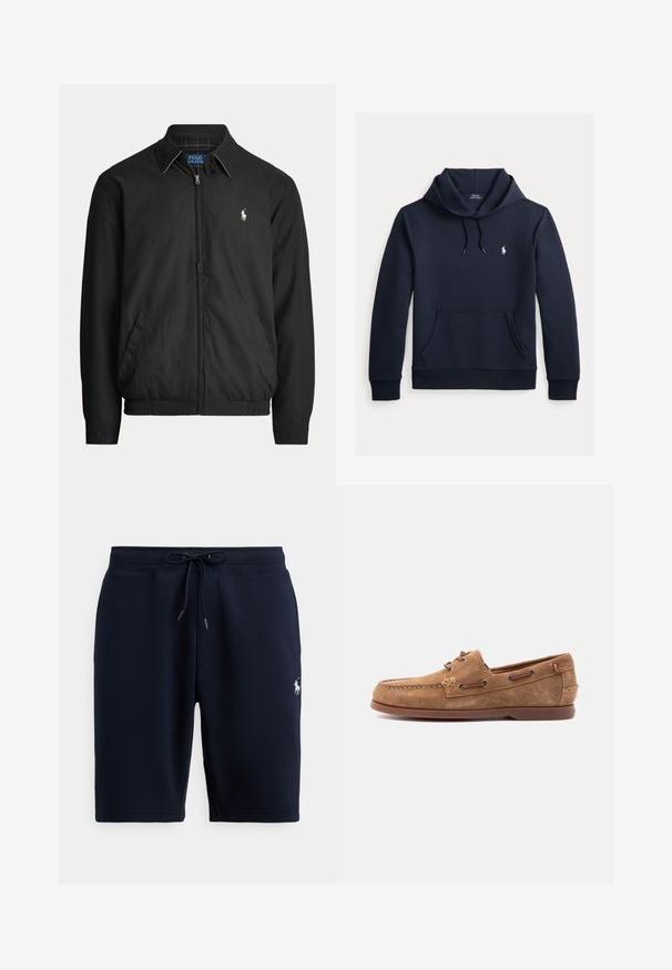 Veste noire zippée avec col, poches latérales, ourlet élastique et petit logo Polo Ralph Lauren blanc sur la poitrine gauche.; Sweat à capuche bleu marine foncé avec poche kangourou à l'avant, capuche à cordon, manches longues et petit logo blanc Polo Ralph Lauren sur la poitrine.; Shorts de sport en coton bleu marine avec taille élastique, cordon de serrage et logo sur le côté gauche. Texture lisse, longueur au genou.; Mocassin en daim marron avec détails en lacet de cuir, pointe cousue et semelle en caoutchouc plate, présenté de profil sur un fond clair.